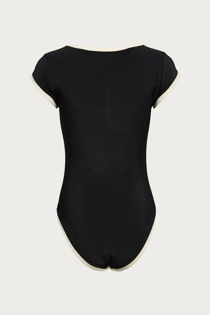 Ribbed Baewatch One Piece Swimsuit - Black-Cream