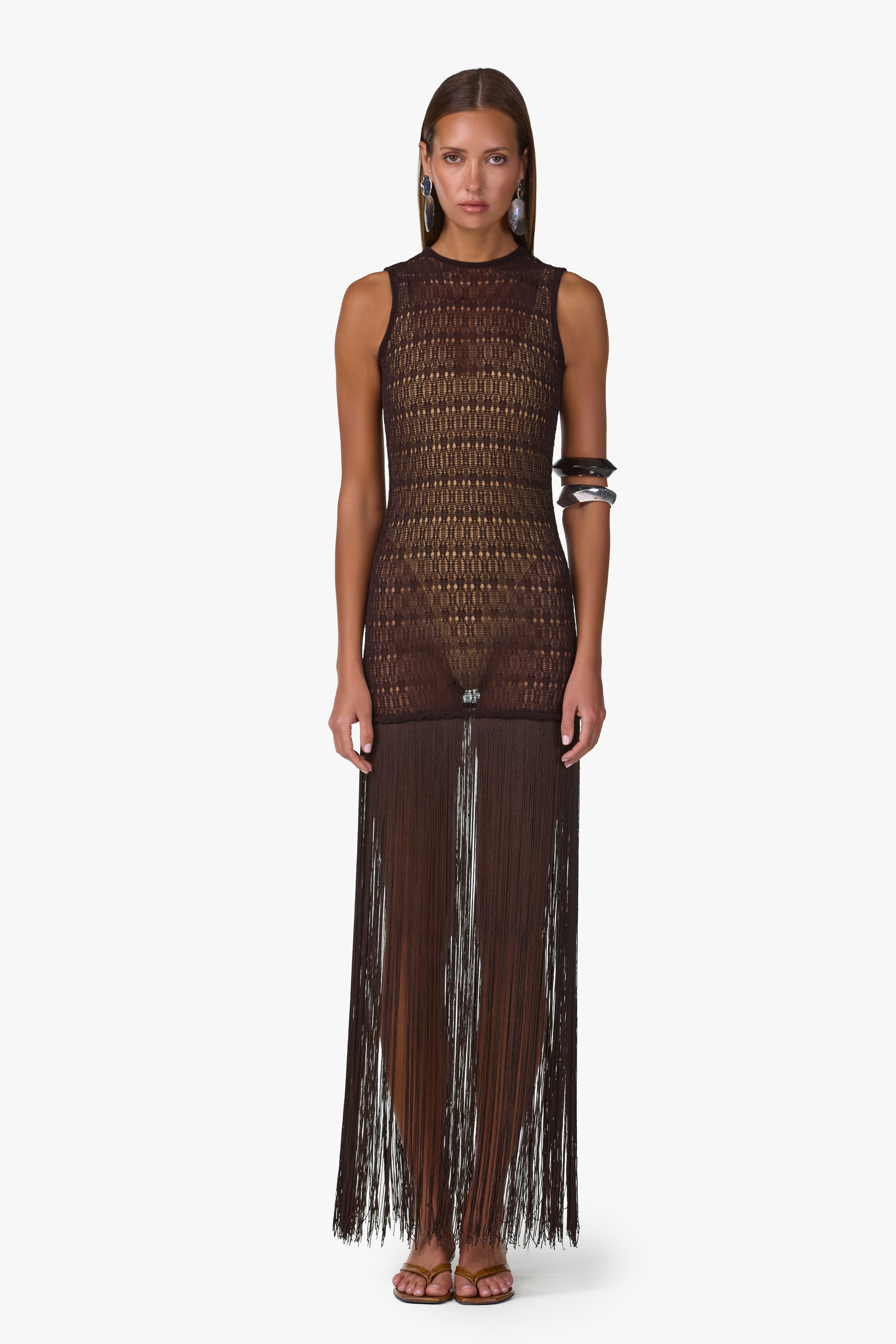 fringe brown dress SAME Sleeveless Knit Maxi | Chocolate Inspired by the glamour Size:P/M Blue Prom Dress Ladivine KV1130 Fitted Off-Shoulder