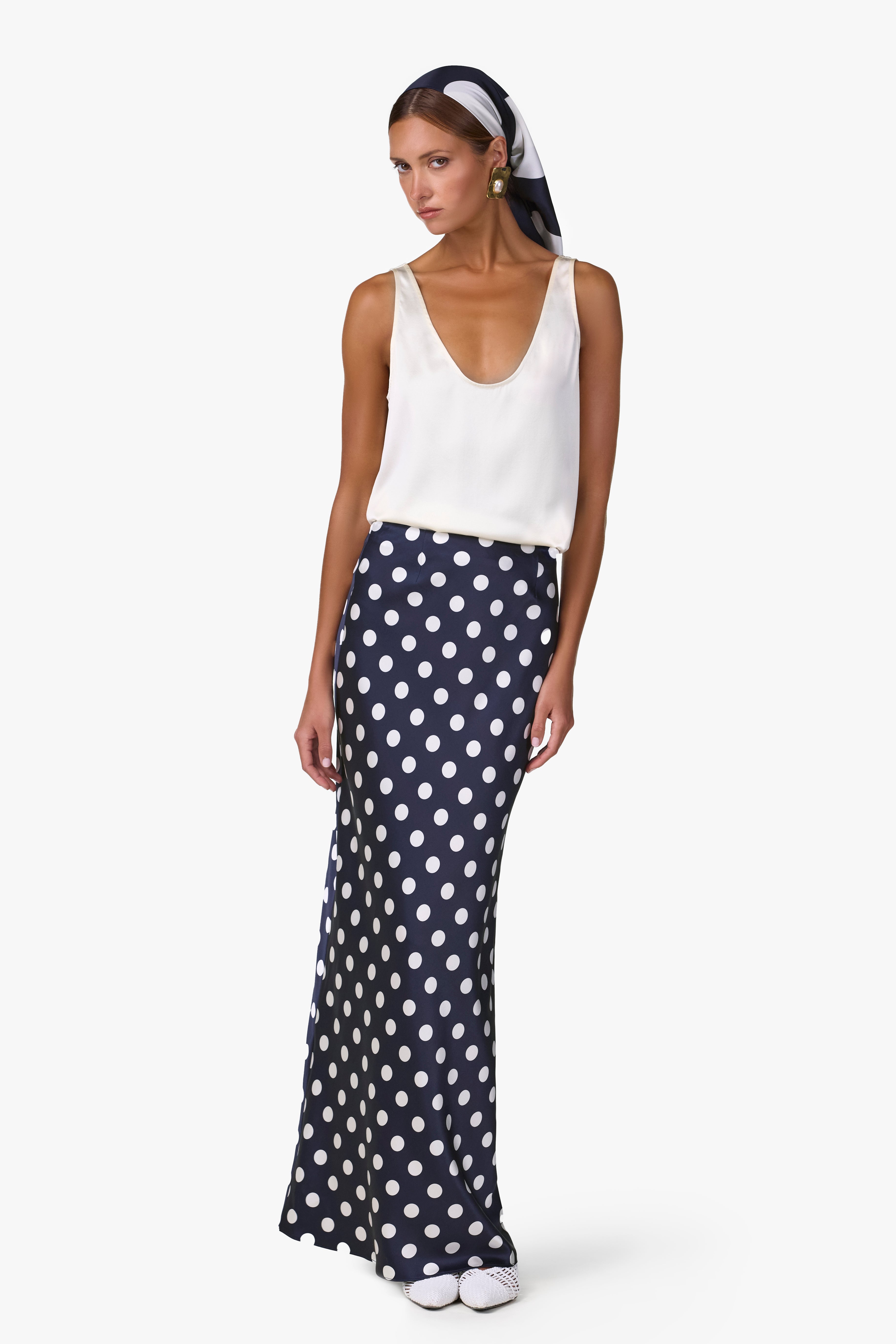 SAME Silk Maxi Skirt | Navy Polka Dot | Women's Skirt