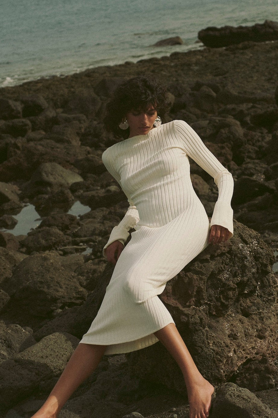 Ribbed Knit Summer Knit Dresses With Sleeves Same Cuffed Ribbed Knit Dress Cream Women's Knit Midi Ribbed Knit Summer Knit Dresses With Sleeves Same Cuffed Ribbed Knit Dress Cream Women's Knit Midi