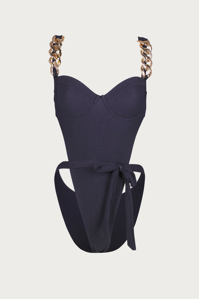 Gold Chain One Piece (Faux Suede Black)