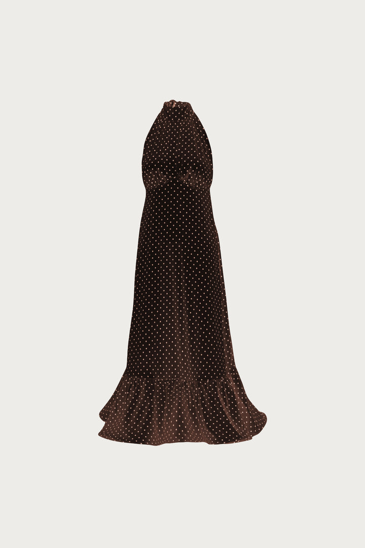 Halter Flounce Midi Dress (Brown Polka Dot)