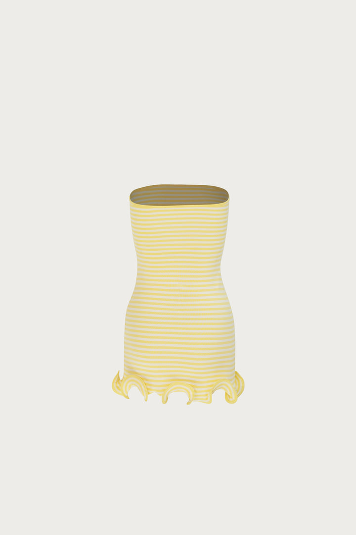 Ruffle Hem Strapless Mini Dress (Butter Yellow Stripe)