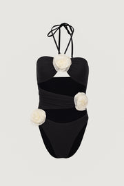 Rose Cut Out One Piece (Faux Suede Black/Cream)