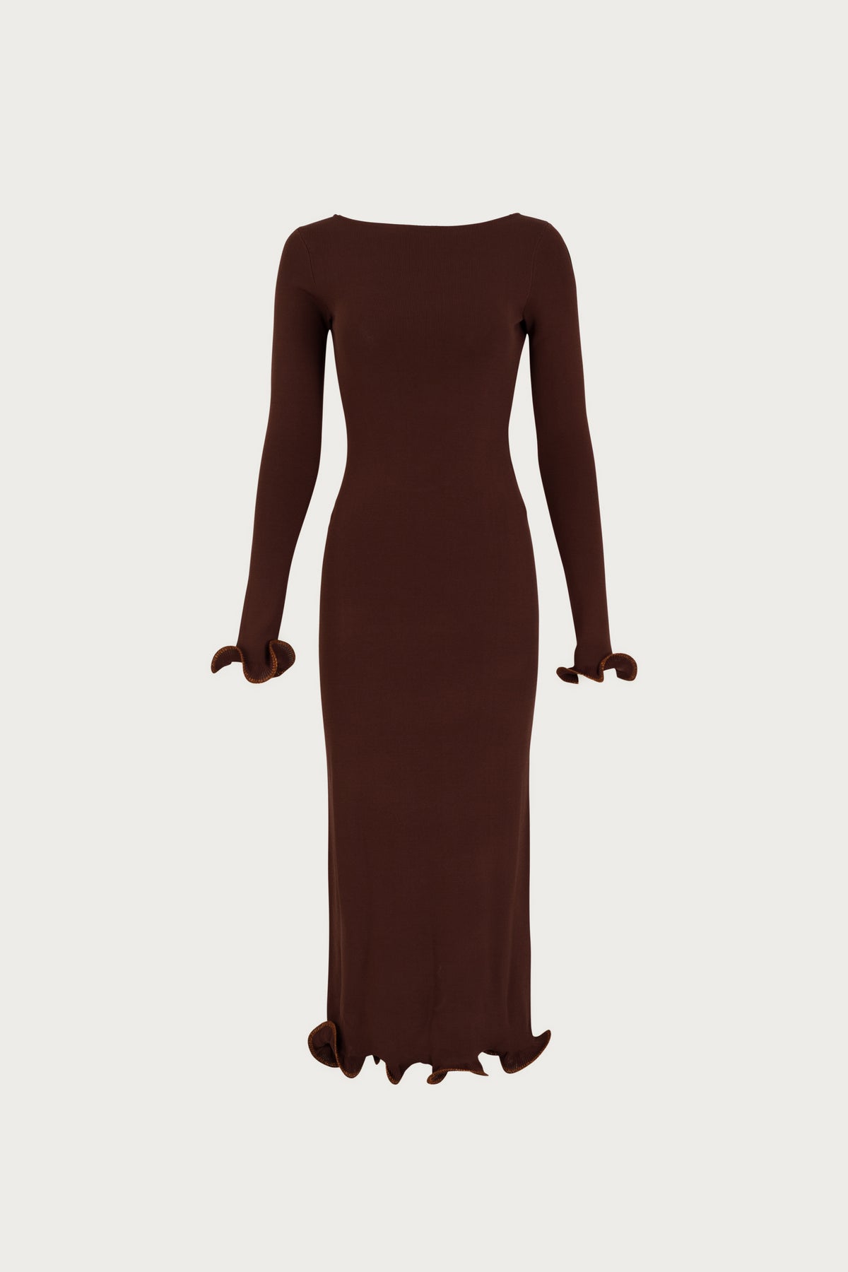 SAME Ruffle Hem Midi Dress | Chocolate Brown/Brown Lurex | Women's Knit Dress L / Chocolate Brown/Brown Lurex SAME Ruffle Hem Midi Dress | Chocolate Brown/Brown Lurex | Women's Knit Dress L / Chocolate Brown/Brown Lurex