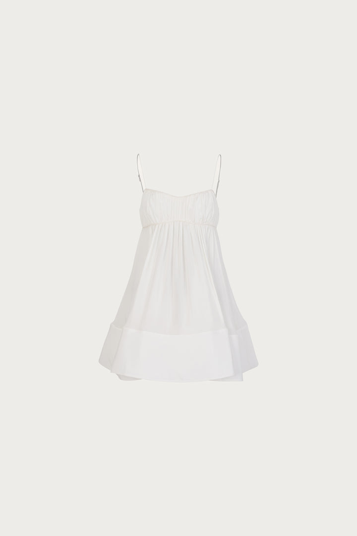 Ruched Flounce Mini Dress (White)