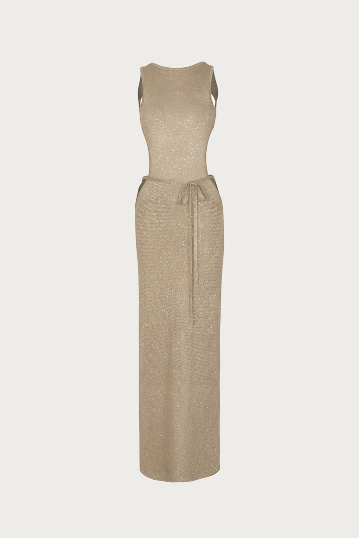 Tie Maxi Dress (Light Gold Sequin)
