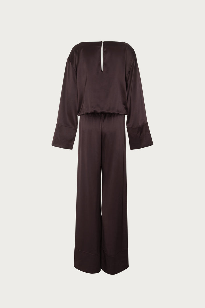 Long Sleeve Silk Jumpsuit (Chocolate Brown)