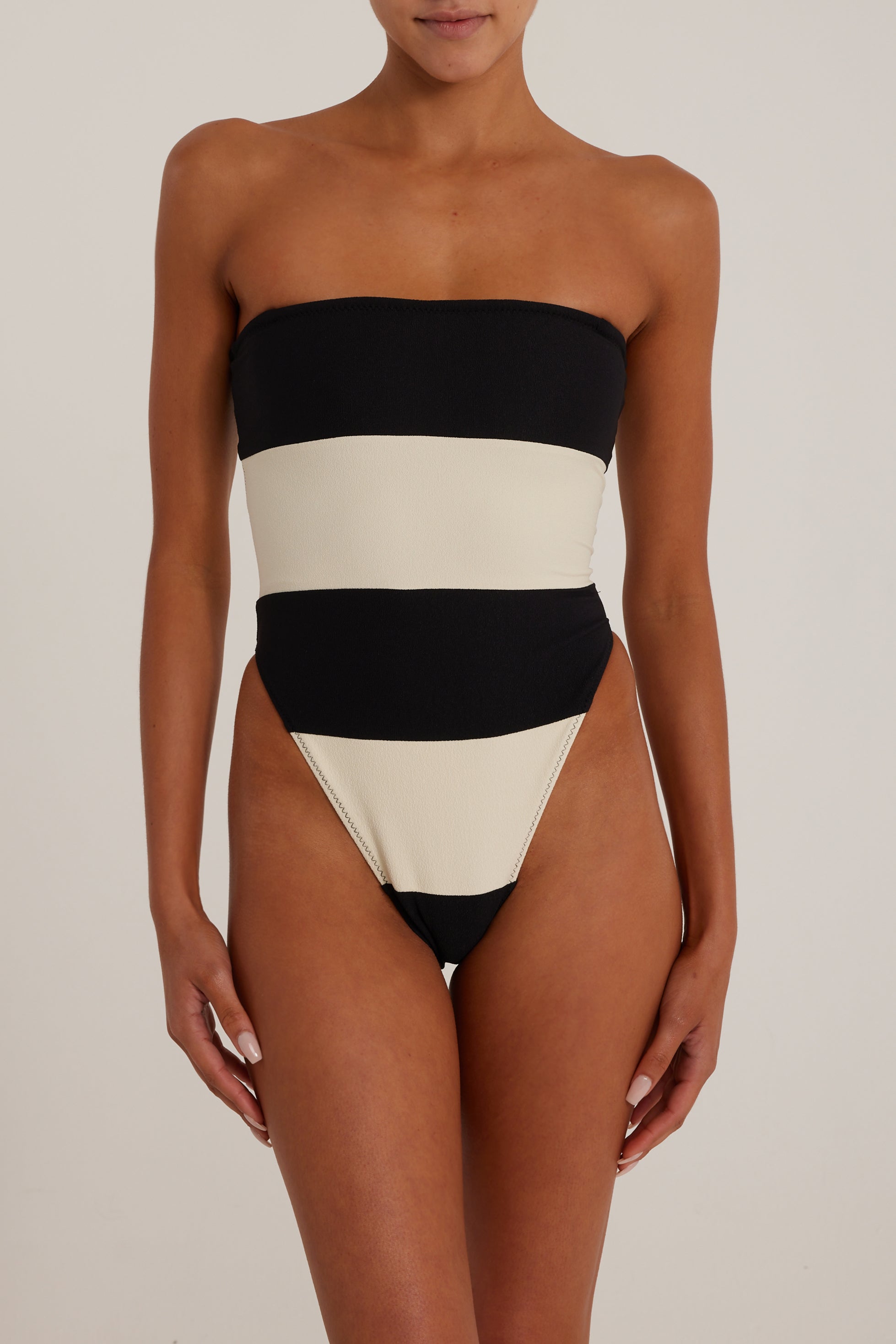 SAME Stripe Strapless One Piece | Faux Suede Black/Cream