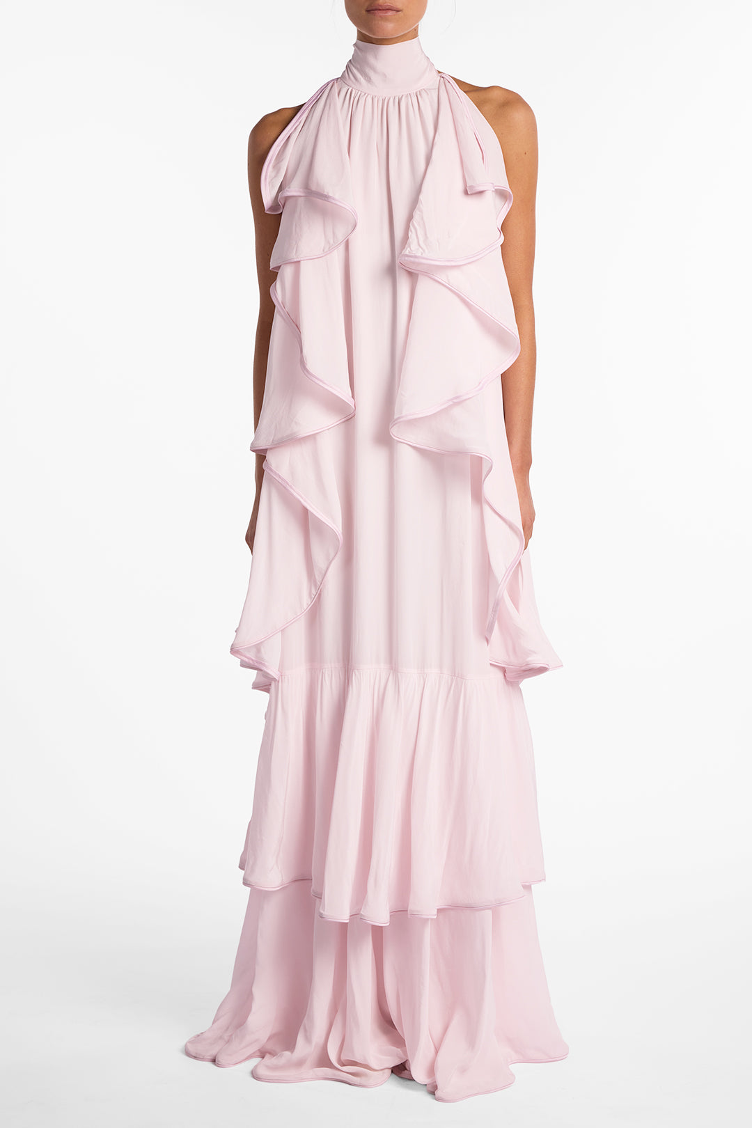pink chiffon layered dress 240814 Womens Pink Chiffon Maxi Dress - Layered Ruffles, Backless 3D Flower Design, Long Straps