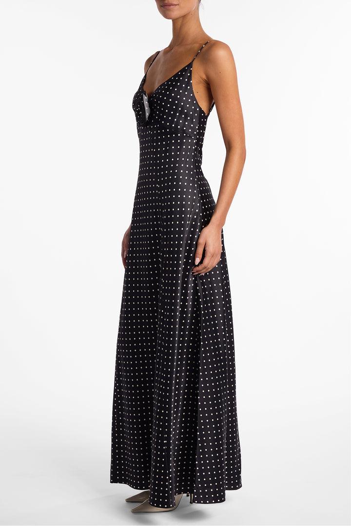 Deep V Rosette Gown (Black Polka Dot)
