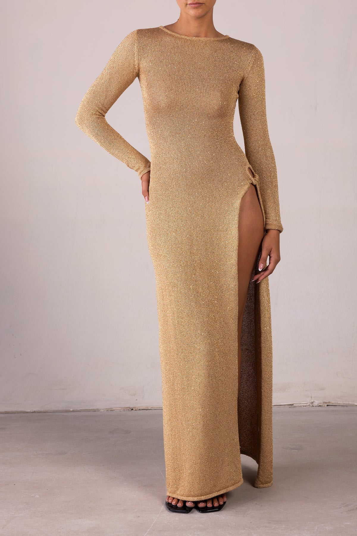 SAME Long Sleeve Twist Dress | Gold Sequin | Women's Knit Dress SAME Long Sleeve Twist Dress | Gold Sequin | Women's Knit Dress