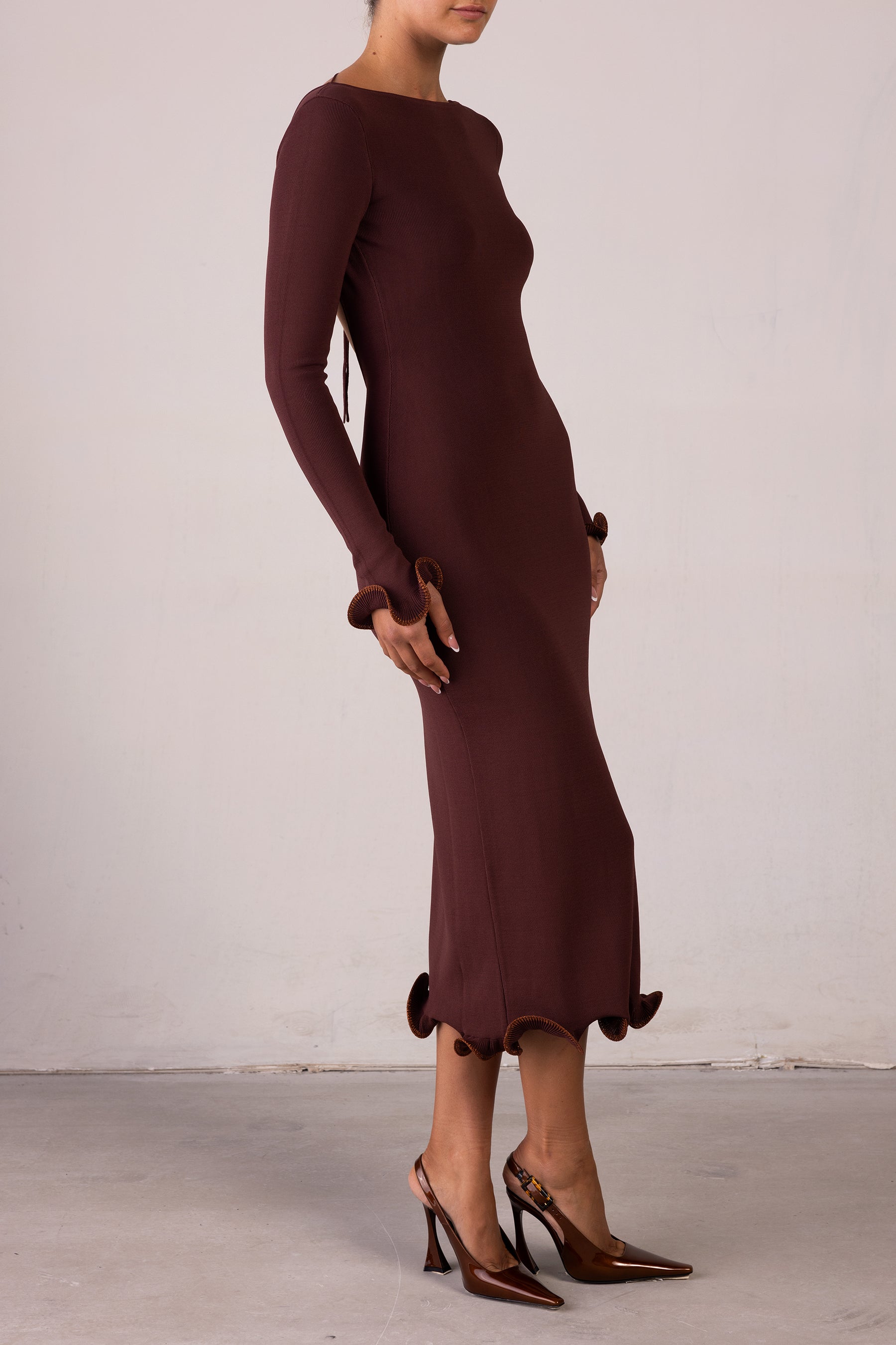 Chocolate Brown Kimono Sleeve Drawstring Waist Midi Dress