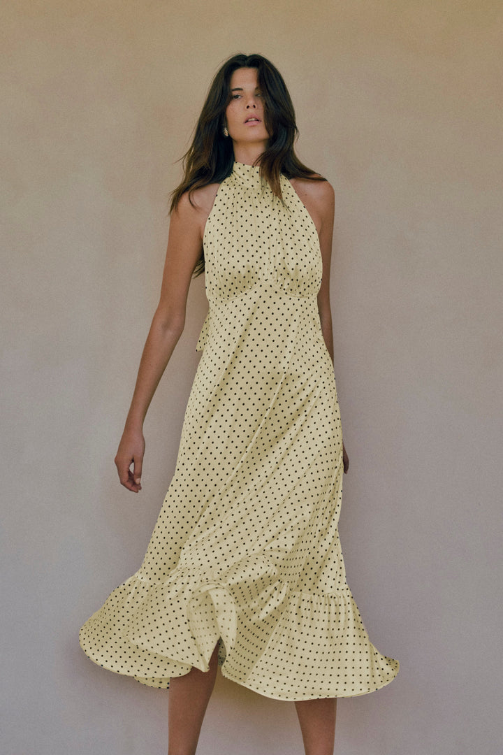 Halter Flounce Midi Dress (Yellow Polka Dot)