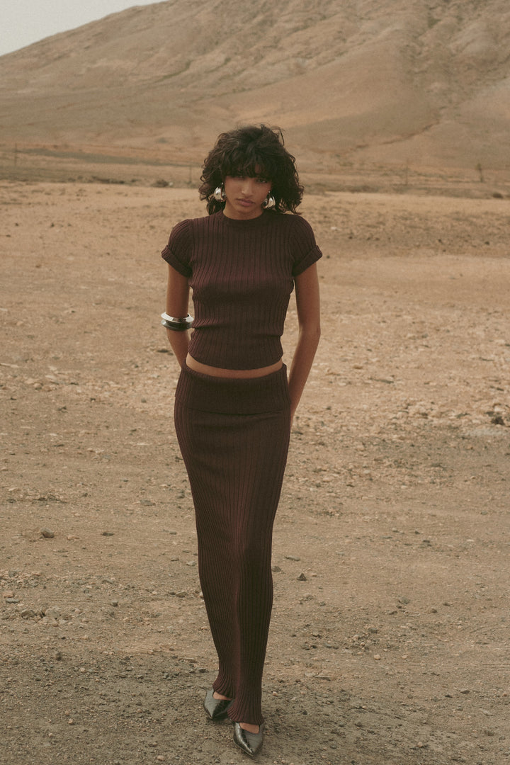 Ribbed Knit Maxi Skirt (Chocolate Brown)