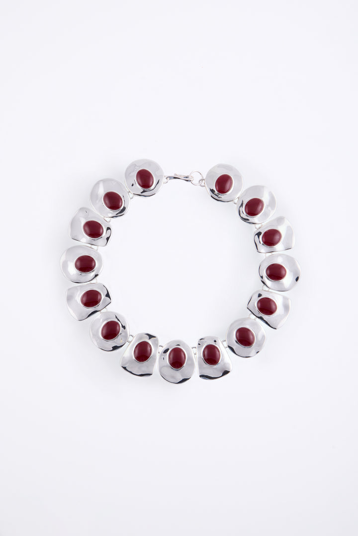 Stone Collar Necklace (Silver/Oxblood)