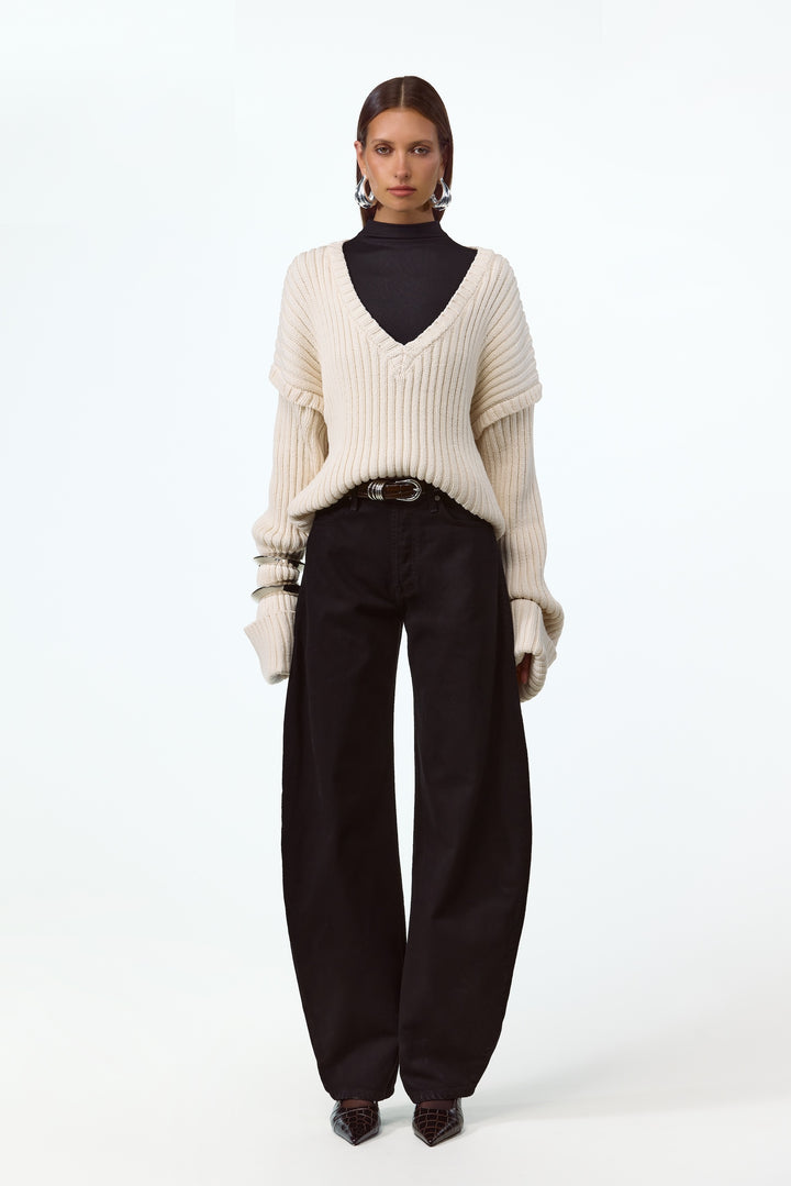 Oversized V Neck Sweater (Cream)