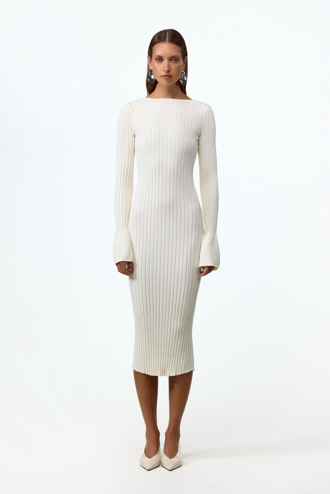 Cuffed Ribbed Knit Dress (Cream)