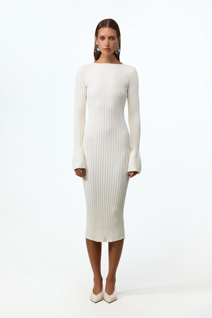 Cuffed Ribbed Knit Dress (Cream)