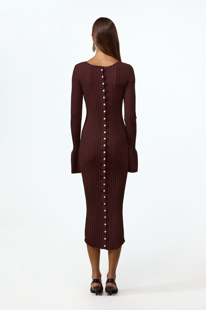 Cuffed Ribbed Knit Dress (Chocolate Brown)