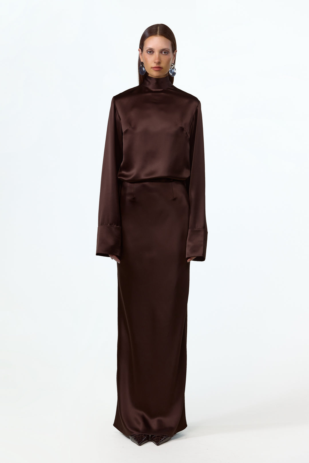 Satin Long Sleeve Blouse (Chocolate Brown)