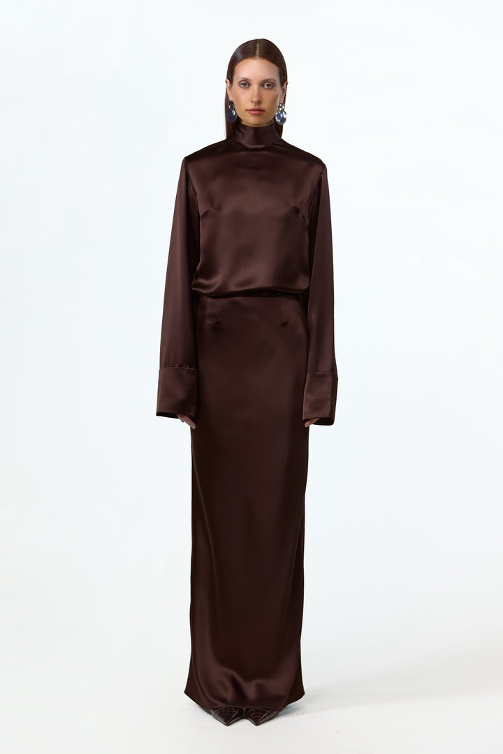 Satin Long Sleeve Blouse (Chocolate Brown)