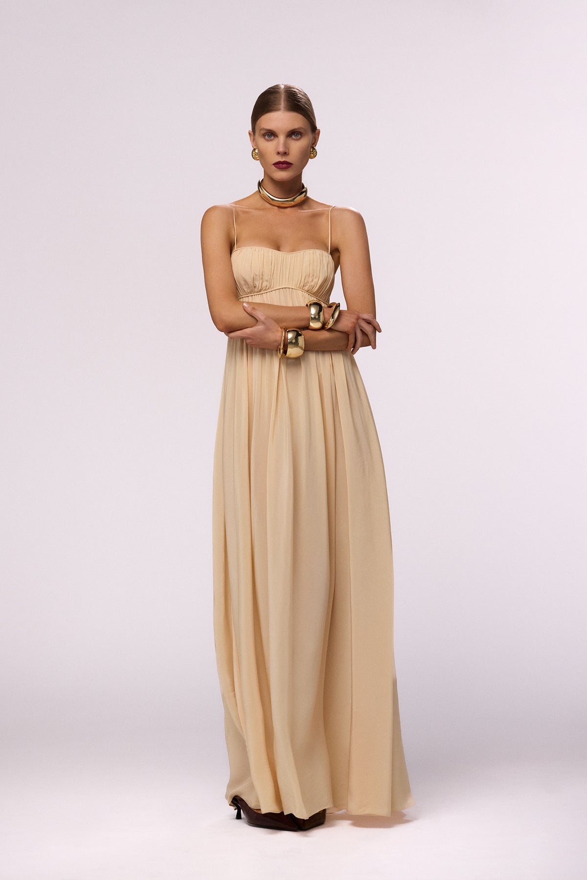 ruched chiffon maxi dress BHLDN Strapless Ruched Chiffon A-Line Maxi Dress
