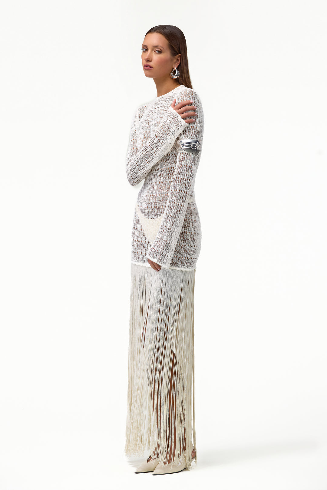 Long Sleeve Fringe Knit Maxi Dress (Cream)