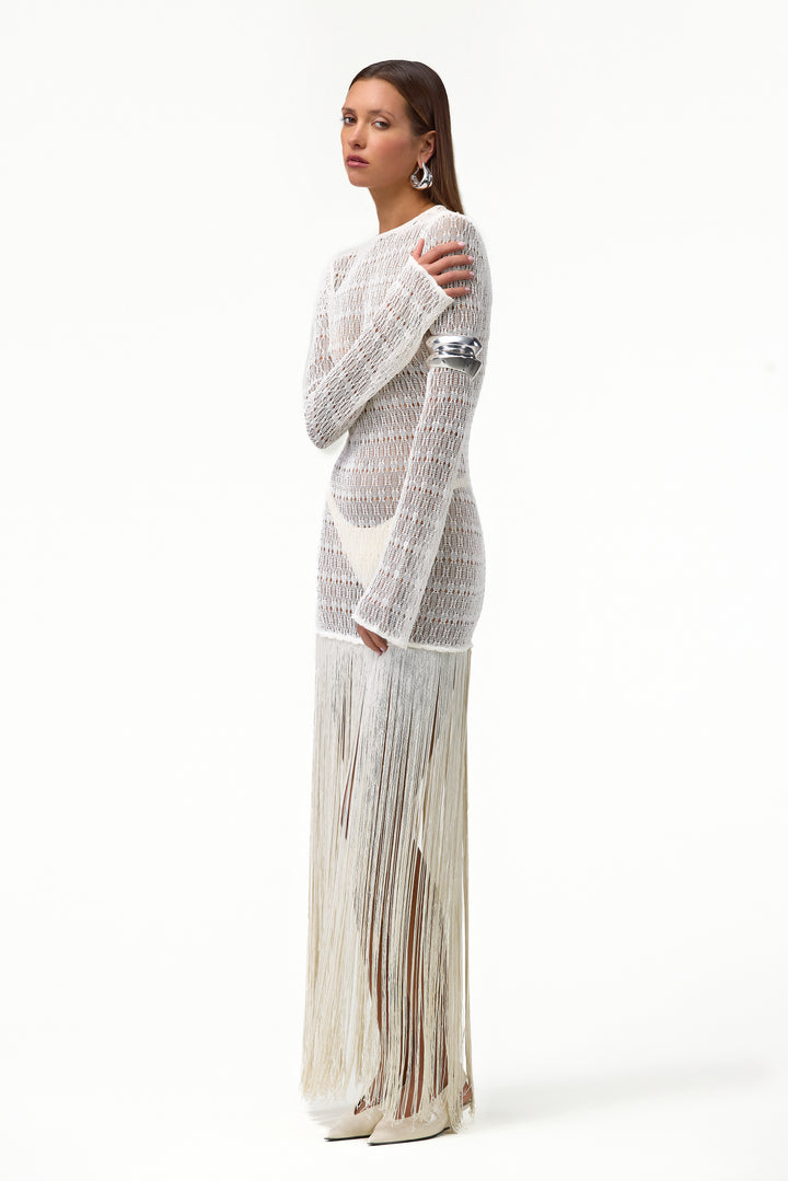 Long Sleeve Fringe Knit Maxi Dress (Cream)