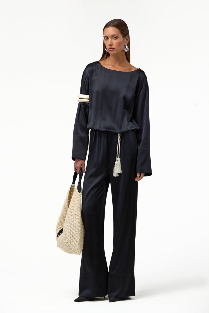 Long Sleeve Silk Jumpsuit (Black)