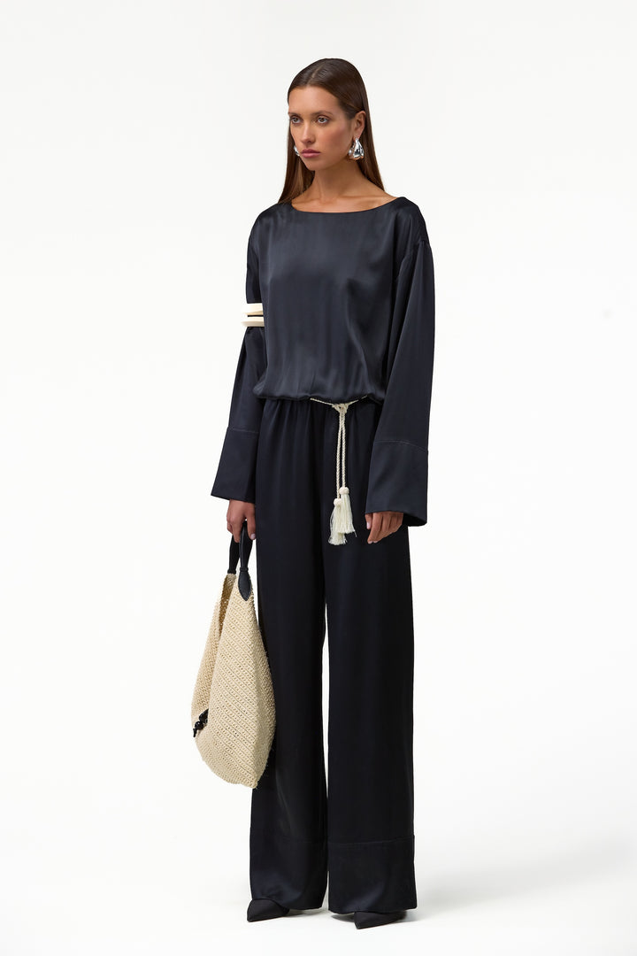 Long Sleeve Silk Jumpsuit (Black)