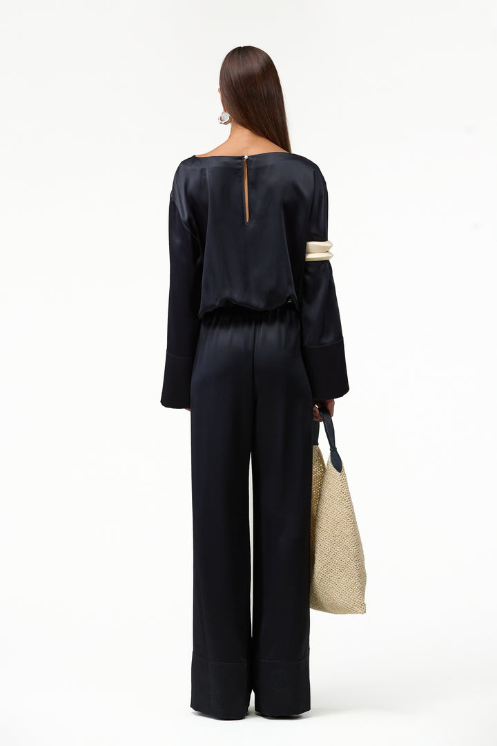 Long Sleeve Silk Jumpsuit (Black)