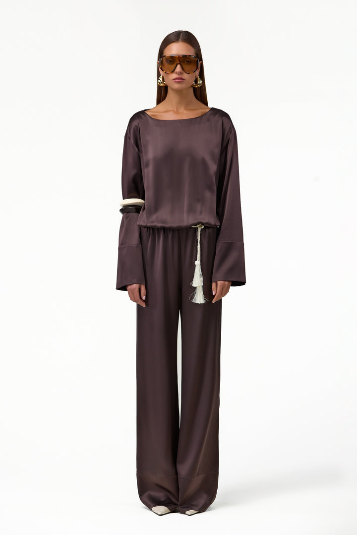 Long Sleeve Silk Jumpsuit (Chocolate Brown)