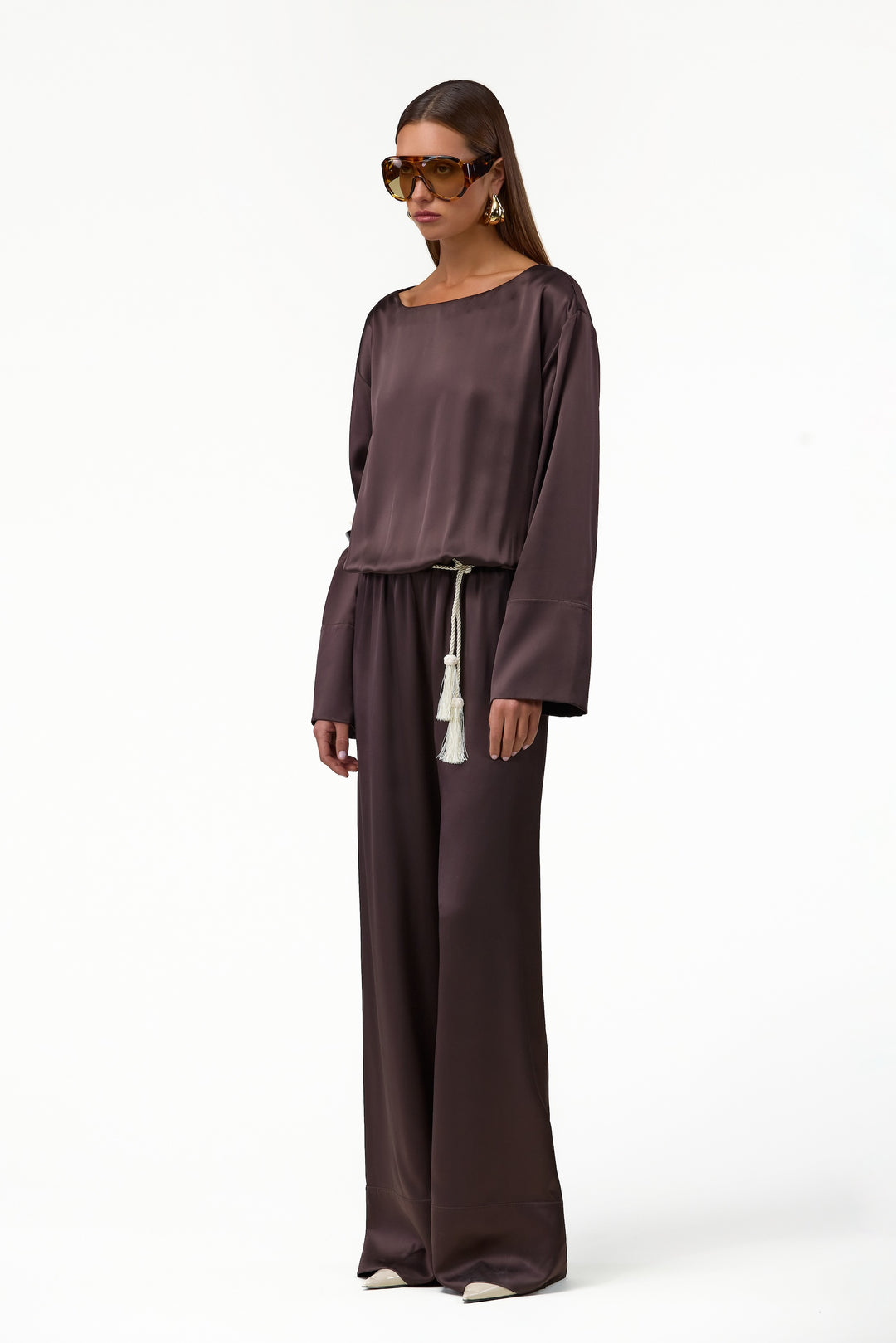 Long Sleeve Silk Jumpsuit (Chocolate Brown)