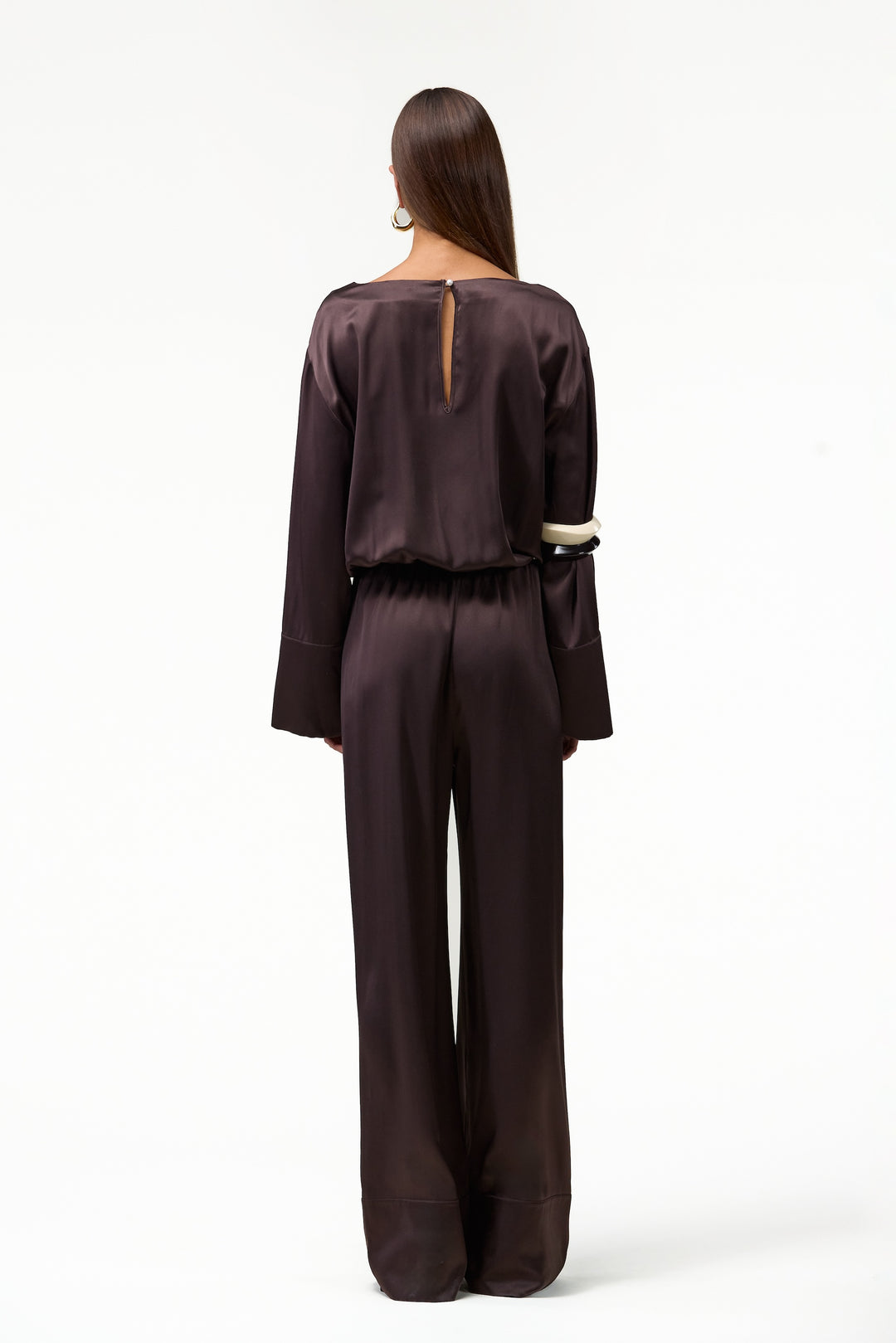 Long Sleeve Silk Jumpsuit (Chocolate Brown)