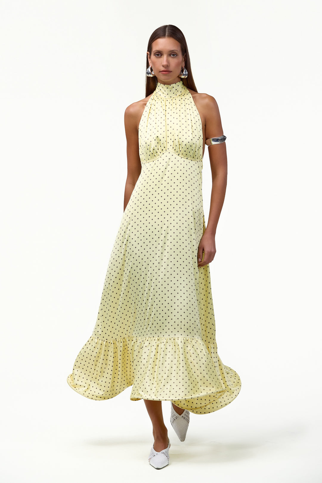 Halter Flounce Midi Dress (Yellow Polka Dot)