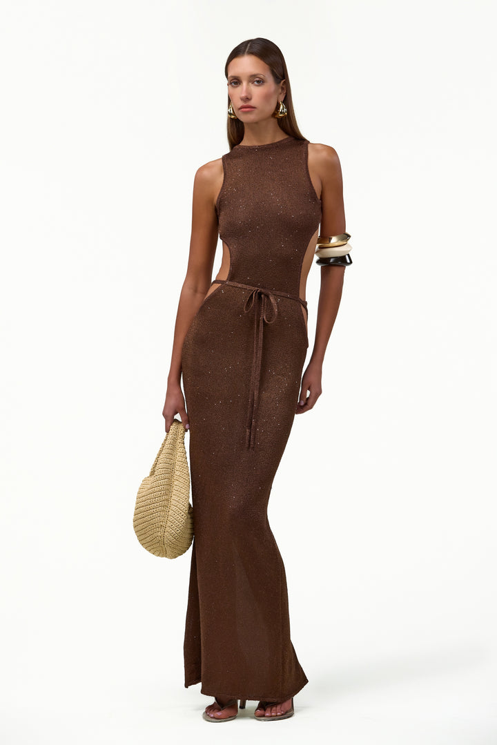 Tie Maxi Dress (Chocolate Brown Sequin)