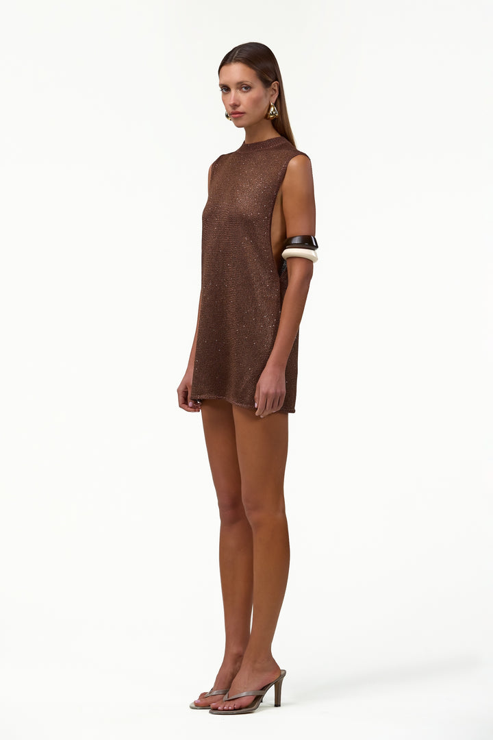 Sleeveless Knit Mini Dress (Chocolate Brown Sequin)