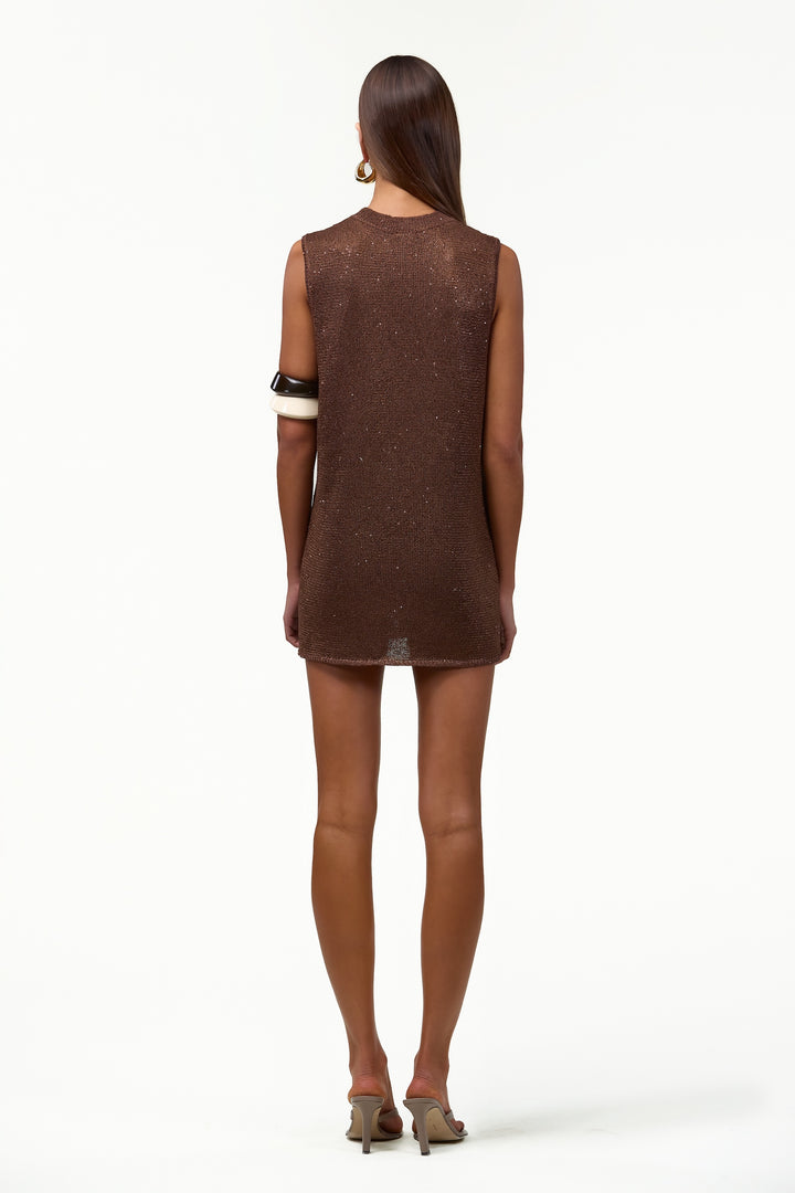 Sleeveless Knit Mini Dress (Chocolate Brown Sequin)