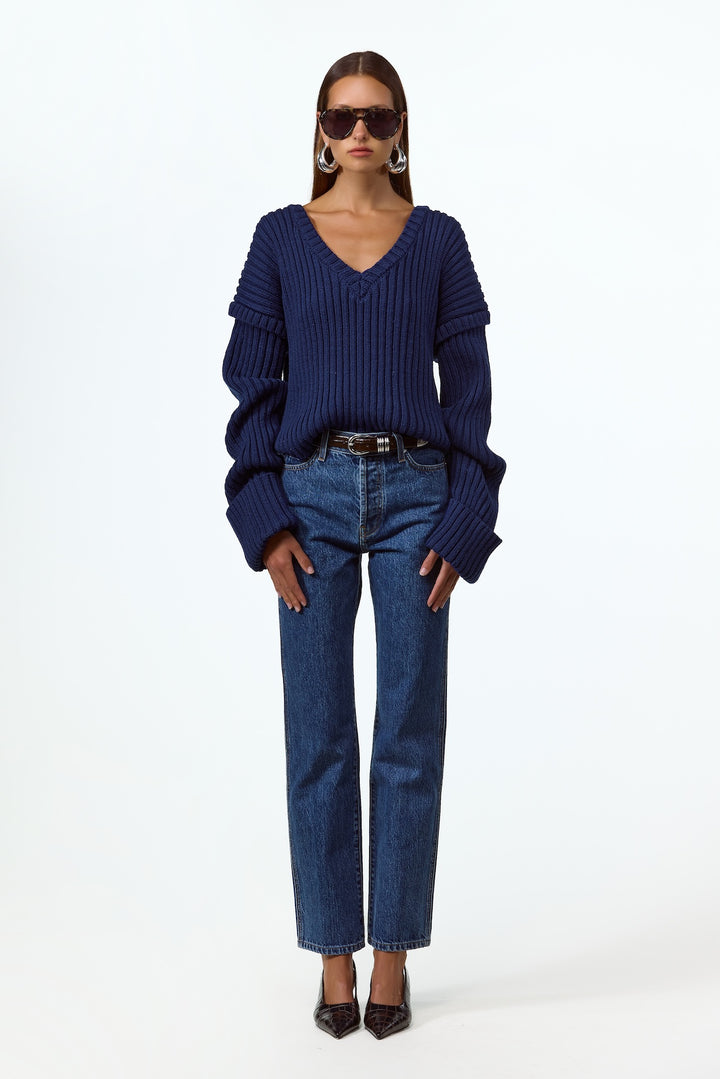 Oversized V Neck Sweater (Navy)