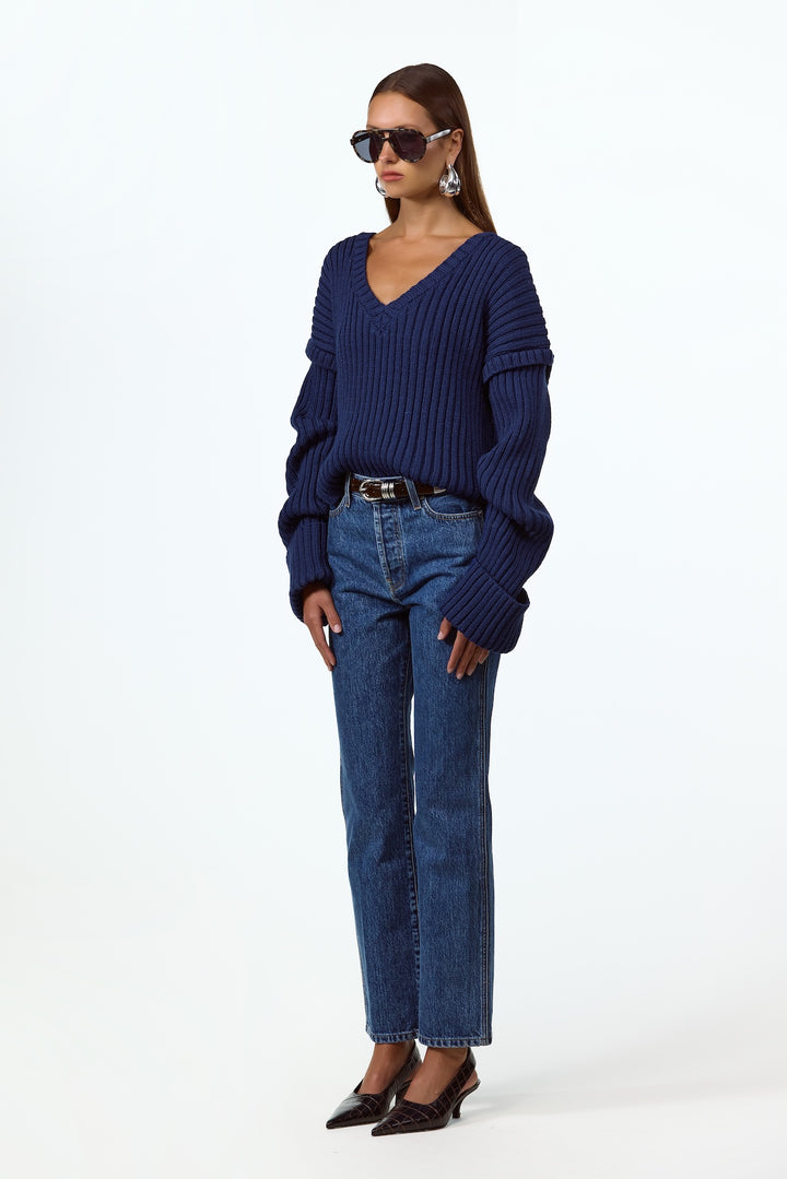 Oversized V Neck Sweater (Navy)