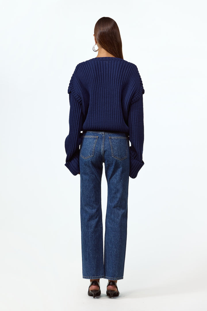 Oversized V Neck Sweater (Navy)