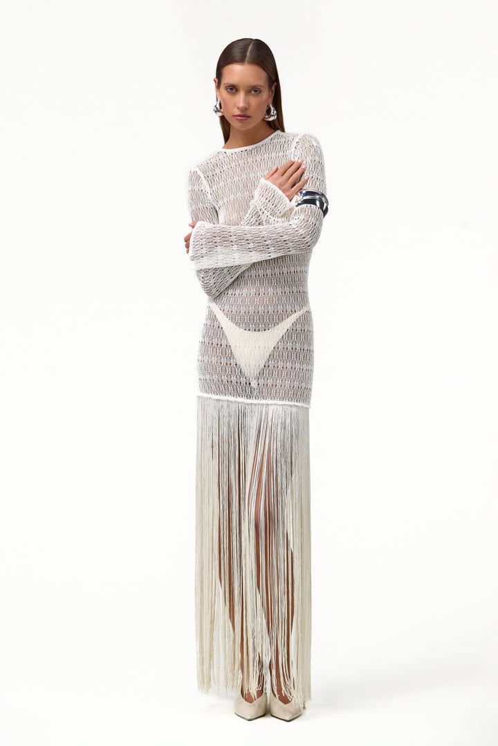 Long Sleeve Fringe Knit Maxi Dress (Cream)