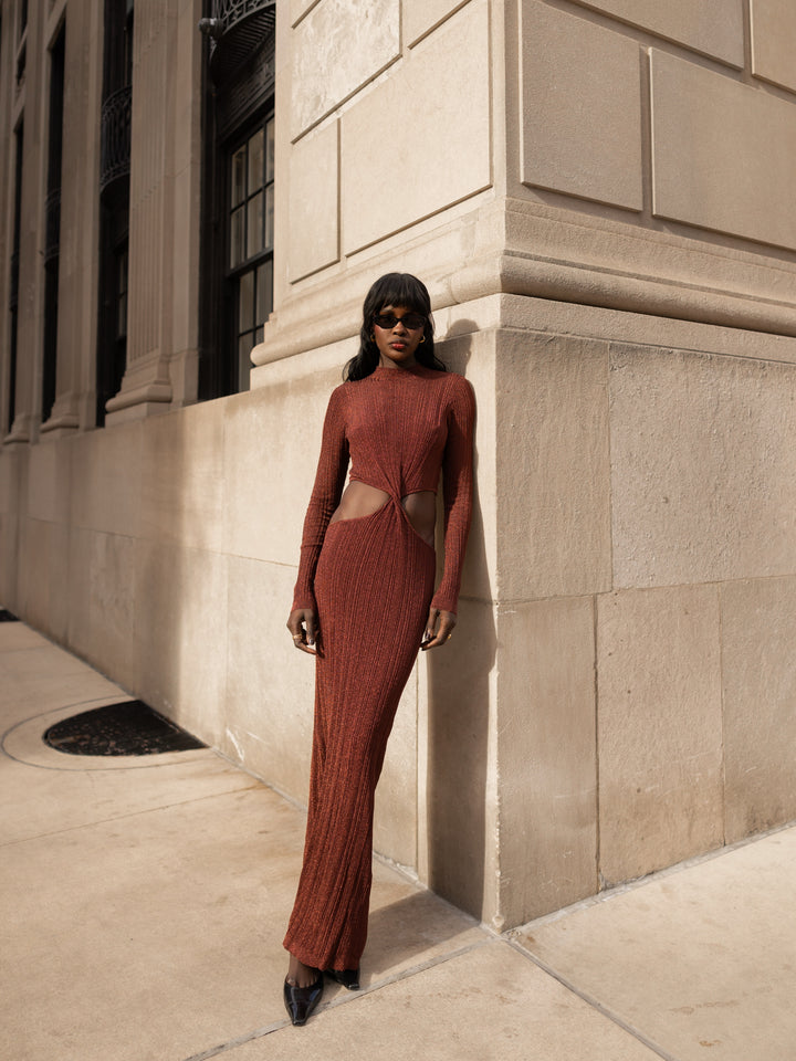 Metallic Twist Maxi Dress (Chocolate Brown)