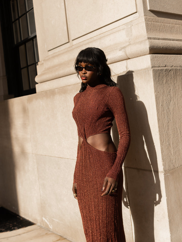 Metallic Twist Maxi Dress (Chocolate Brown)