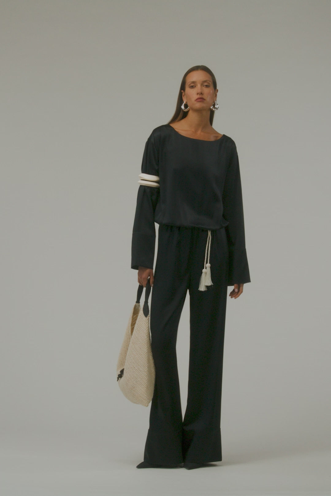 Long Sleeve Silk Jumpsuit (Black)