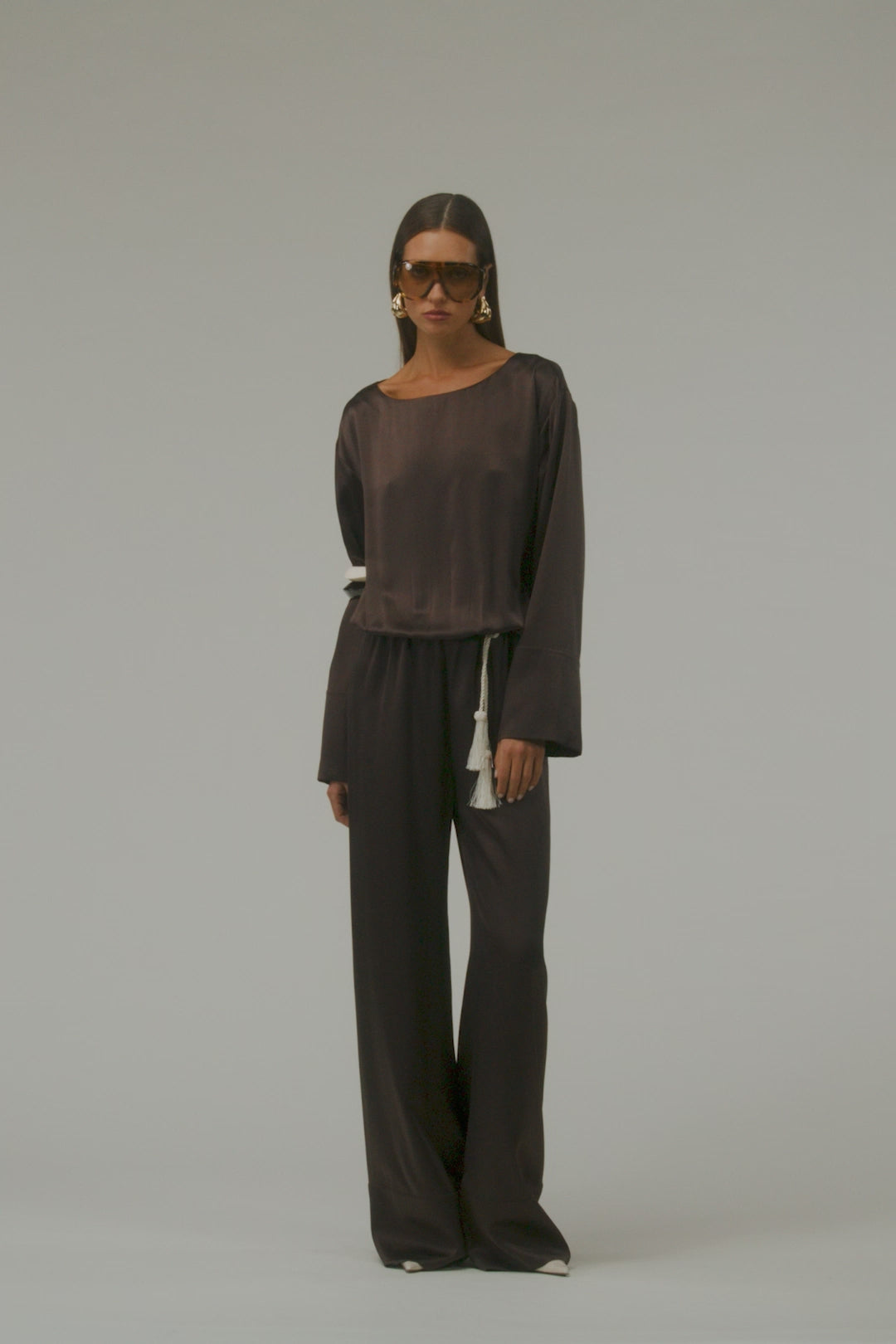 Long Sleeve Silk Jumpsuit (Chocolate Brown)