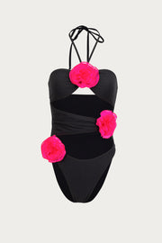 Rose Cut Out One Piece (Faux Suede Black/Fuchsia)