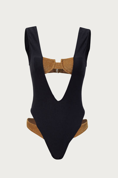 SAME V Double Layer One Piece | Black/Mocha Shimmer