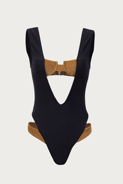 V Double Layer One Piece (Faux Suede Black/Mocha Shimmer Lurex)